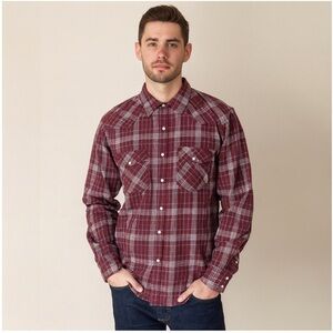 PASHARTUK Mens Long Sleeve Plaid Burgundy Western Pearl Snap Size Large